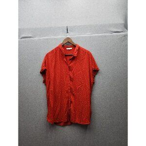 Beachlunchlounge Womens Red Star Print Button-Up Short Sleeve Blouse XL 100% Vis